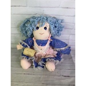 Vintage Handmade Kammie Doll By Lorryn Rag Doll Blue Yarn Hair With Dress